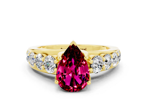 Yellow gold Pear Cut Garnet Engagement Ring with Pavé Band and Four-Prong Setting