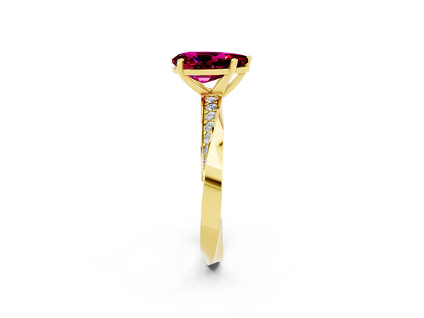 Yellow gold Pear Cut Garnet Engagement Ring with Side Stone Accents and Four-Prong Setting