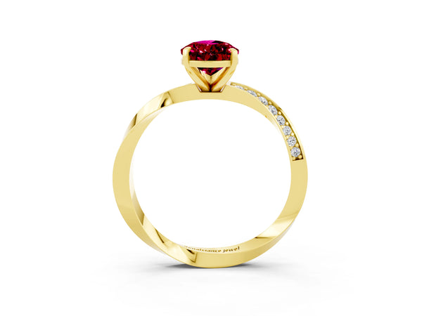 Yellow gold Pear Cut Garnet Engagement Ring with Side Stone Accents and Four-Prong Setting