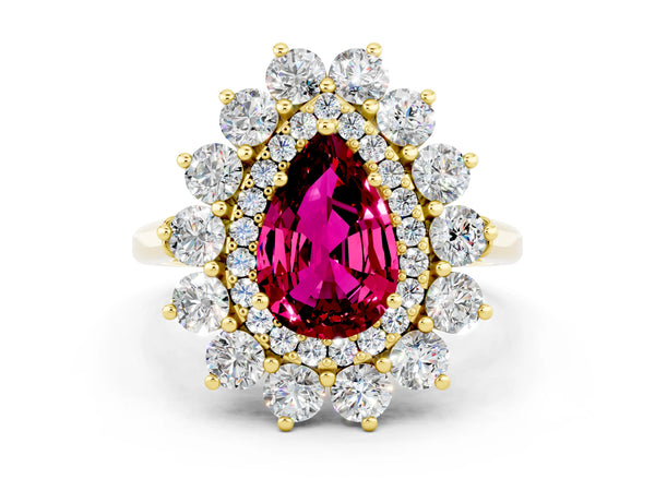 Yellow gold Pear Cut Garnet Floral Double Halo Engagement Ring with Prong Setting