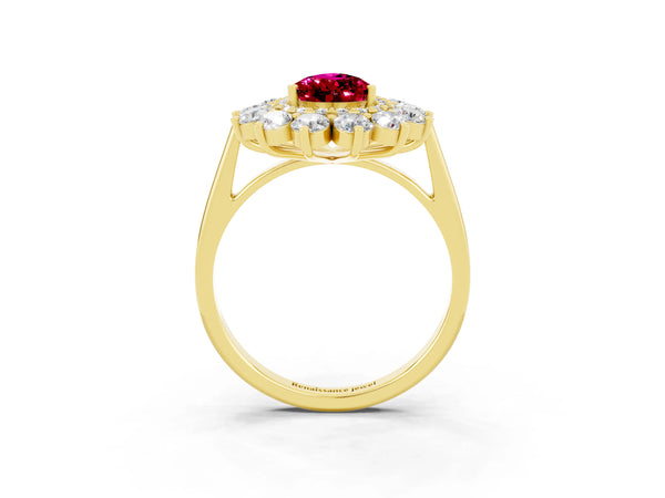 Yellow gold Pear Cut Garnet Floral Double Halo Engagement Ring with Prong Setting