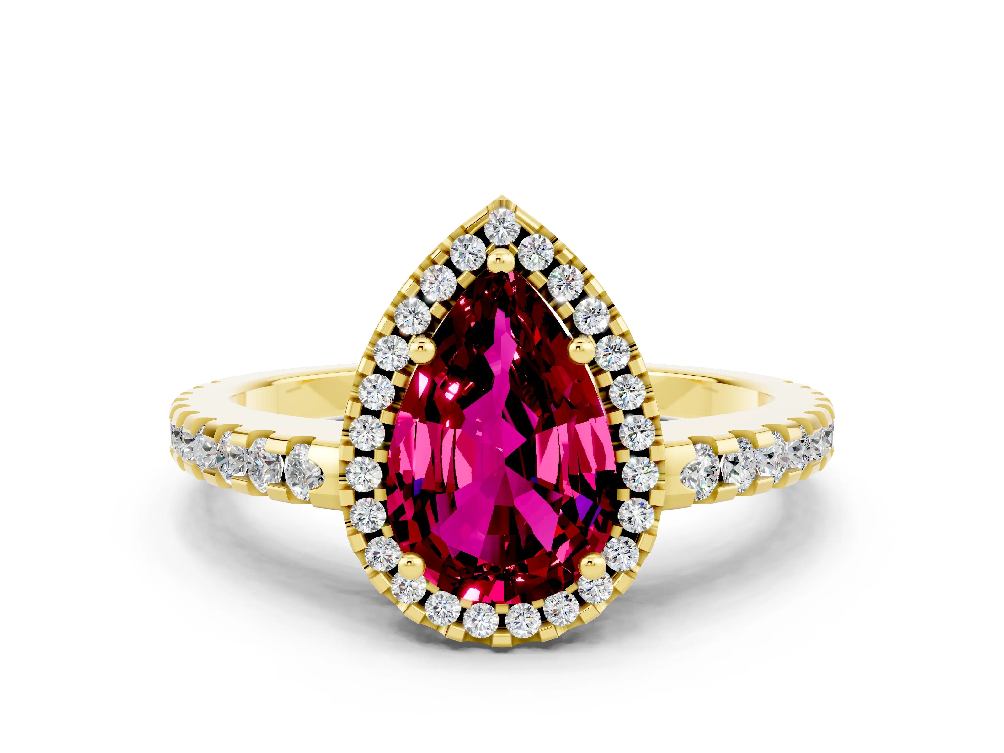 Yellow gold Pear Cut Garnet Halo Engagement Ring with Pavé Band and Prong Setting_12