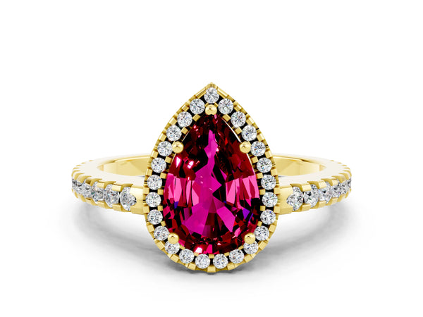 Yellow gold Pear Cut Garnet Halo Engagement Ring with Pavé Band and Prong Setting