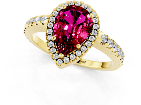 Yellow gold Pear Cut Garnet Halo Engagement Ring with Pavé Band and Prong Setting_13