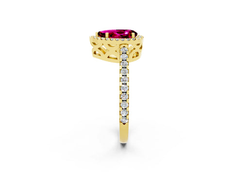 Yellow gold Pear Cut Garnet Halo Engagement Ring with Pavé Band and Prong Setting_14