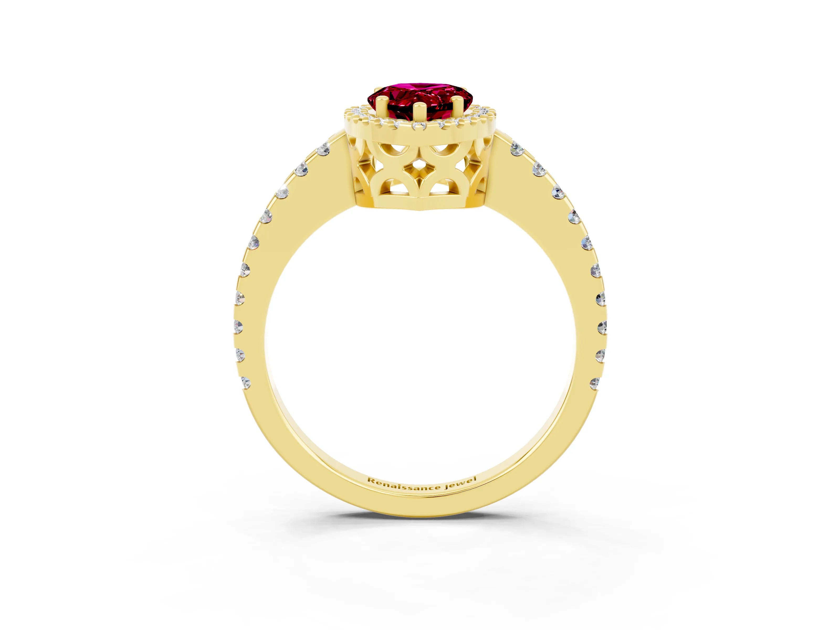 Yellow gold Pear Cut Garnet Halo Engagement Ring with Pavé Band and Prong Setting_15