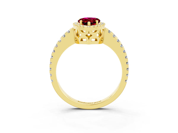 Yellow gold Pear Cut Garnet Halo Engagement Ring with Pavé Band and Prong Setting
