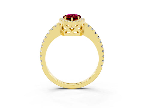 Yellow gold Pear Cut Garnet Halo Engagement Ring with Pavé Band and Prong Setting_15
