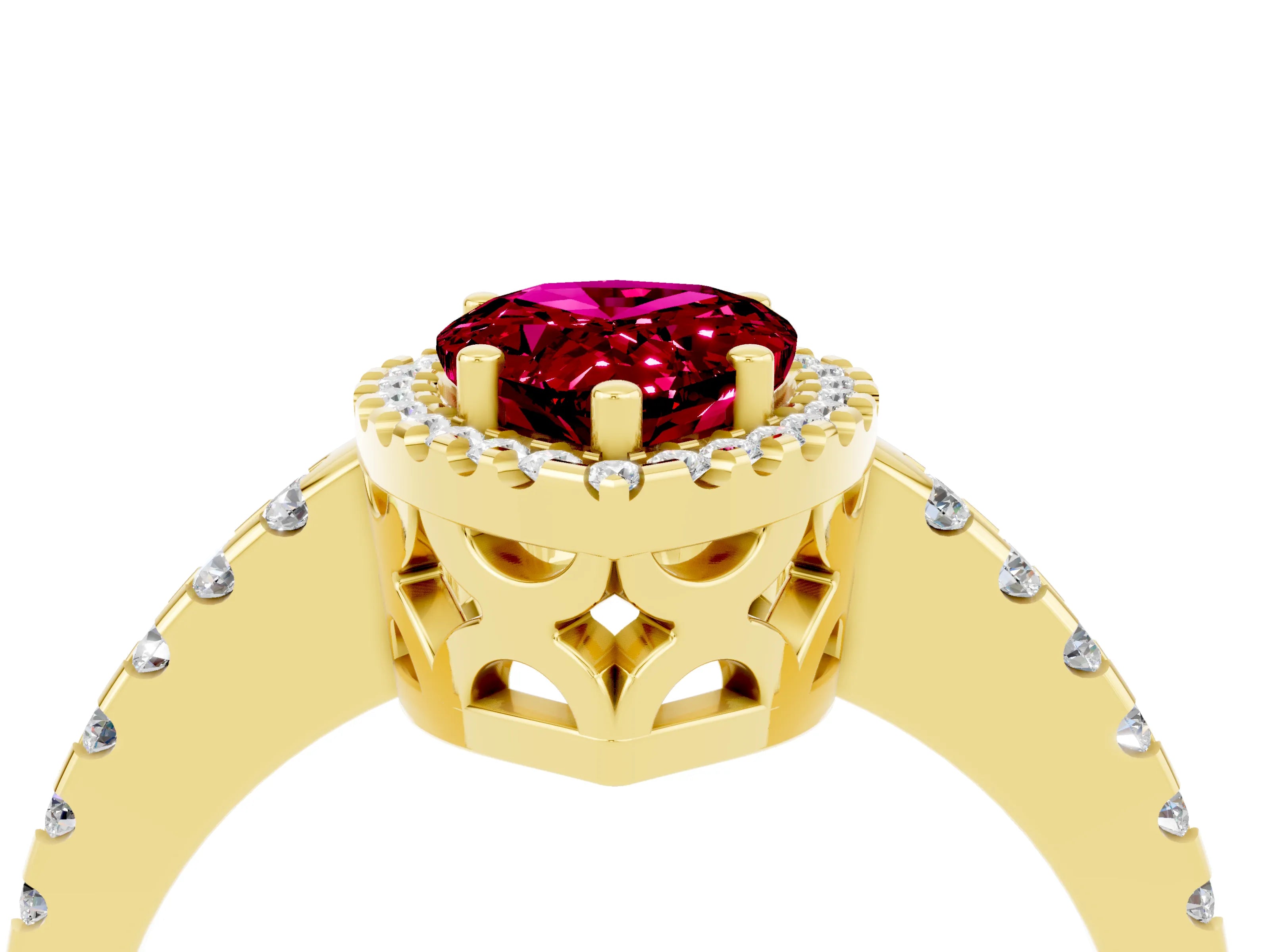 Yellow gold Pear Cut Garnet Halo Engagement Ring with Pavé Band and Prong Setting_16