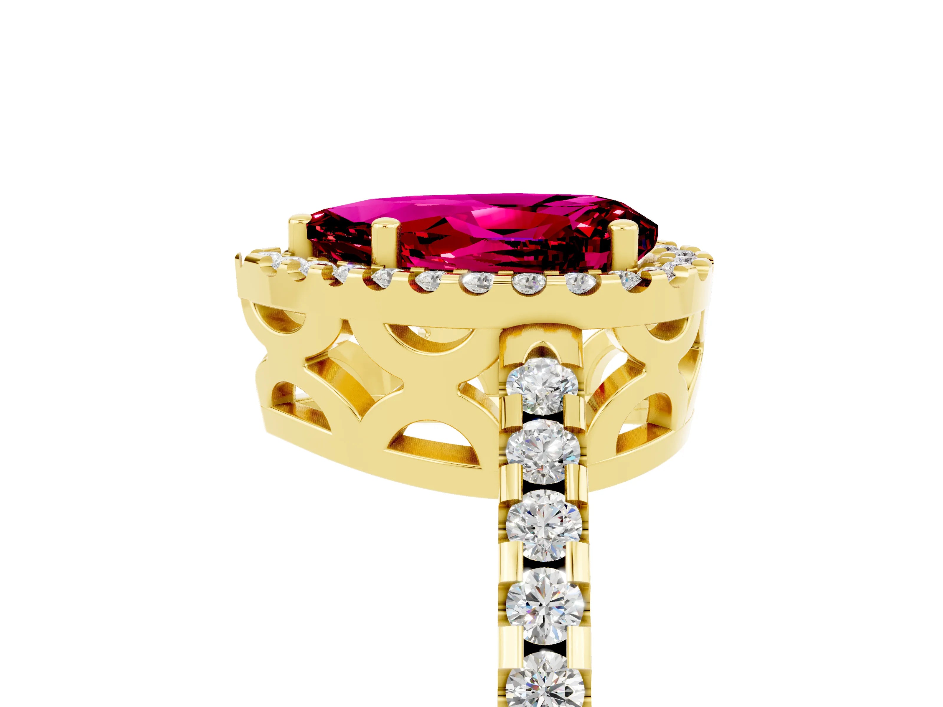 Yellow gold Pear Cut Garnet Halo Engagement Ring with Pavé Band and Prong Setting_17