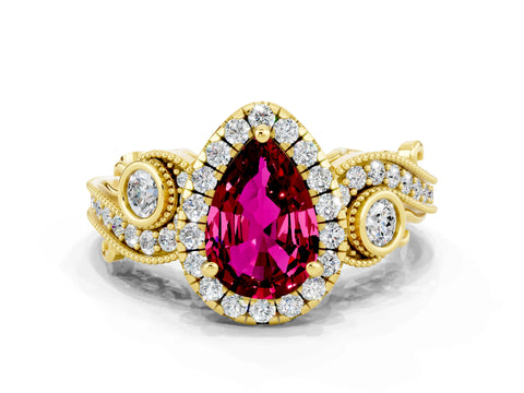 Yellow gold Pear Cut Garnet Halo Ring with Milgrain Pavé Band and Four-Prong Setting_12