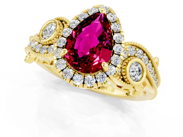 Yellow gold Pear Cut Garnet Halo Ring with Milgrain Pavé Band and Four-Prong Setting
