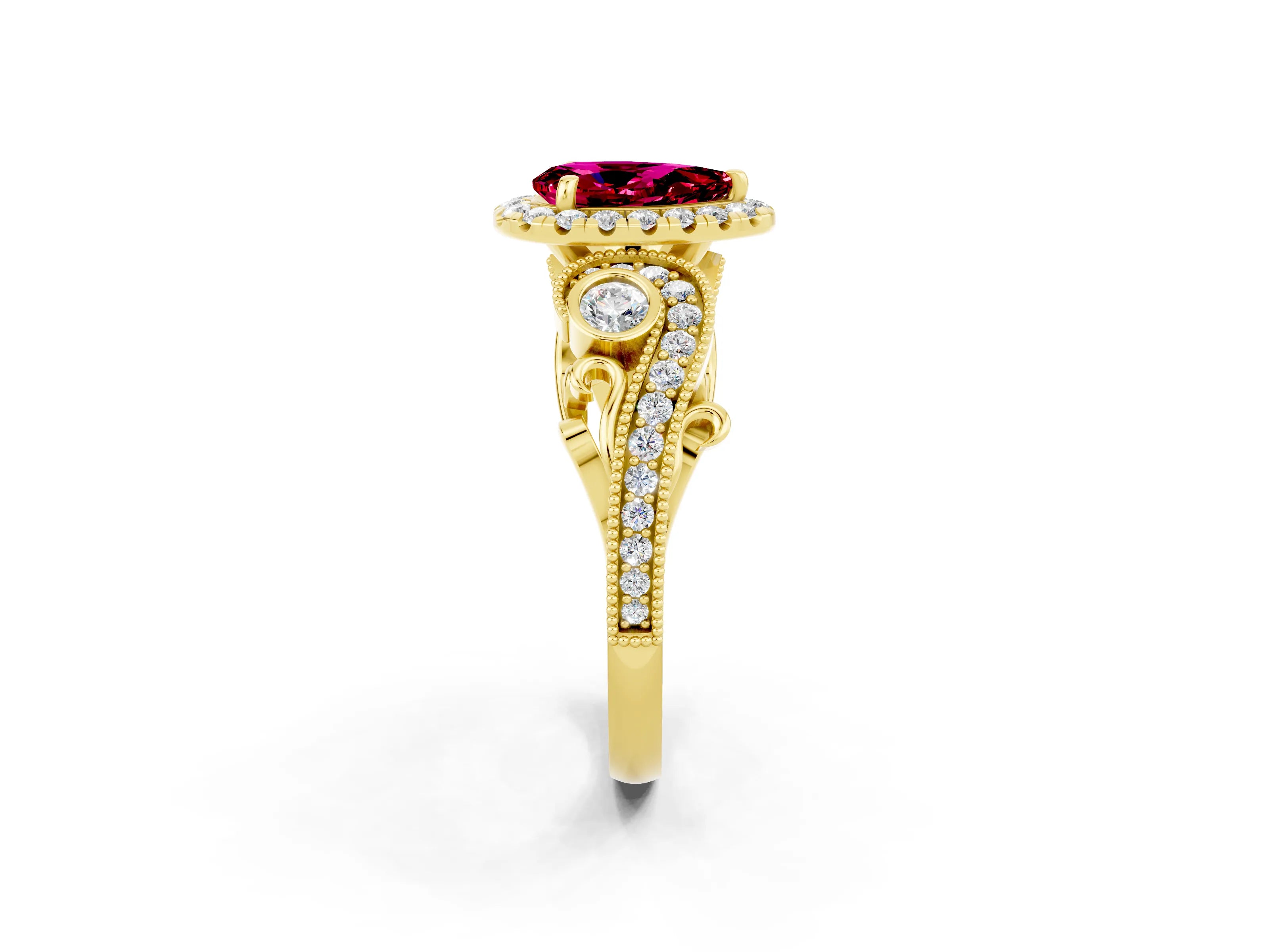 Yellow gold Pear Cut Garnet Halo Ring with Milgrain Pavé Band and Four-Prong Setting_14