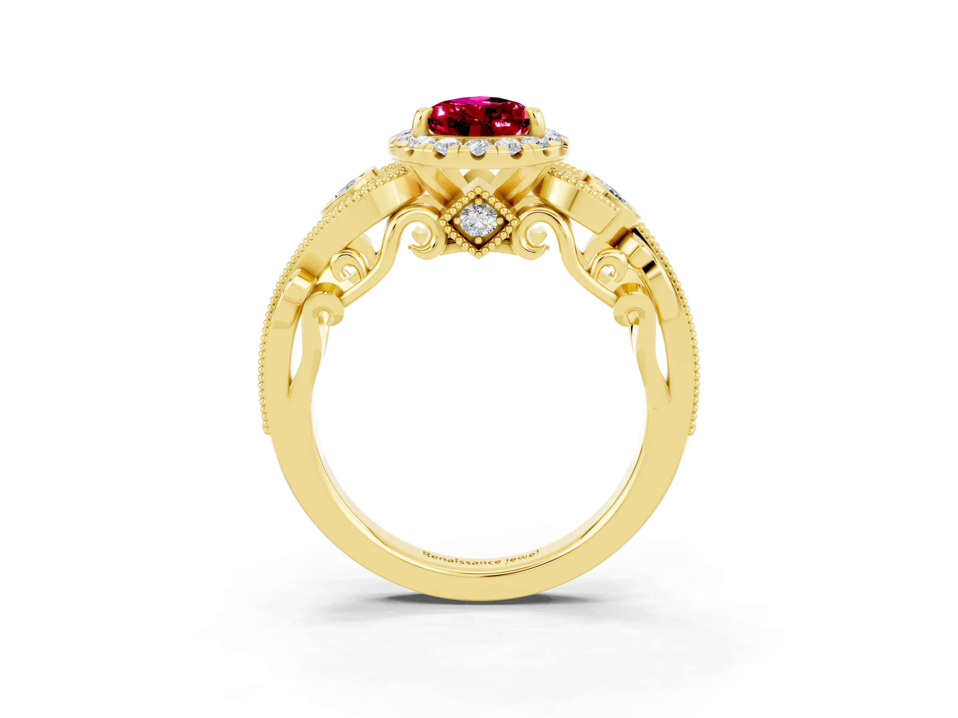 Yellow gold Pear Cut Garnet Halo Ring with Milgrain Pavé Band and Four-Prong Setting_15