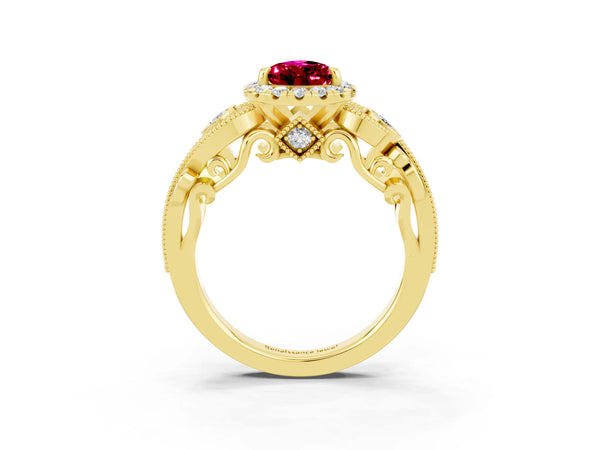 Yellow gold Pear Cut Garnet Halo Ring with Milgrain Pavé Band and Four-Prong Setting