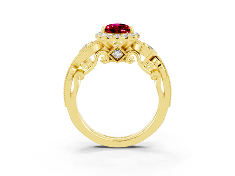 Yellow gold Pear Cut Garnet Halo Ring with Milgrain Pavé Band and Four-Prong Setting_15