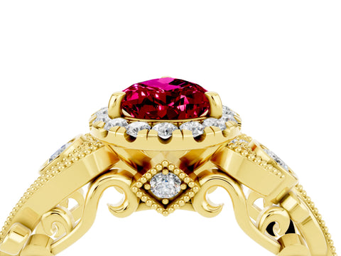 Yellow gold Pear Cut Garnet Halo Ring with Milgrain Pavé Band and Four-Prong Setting_16