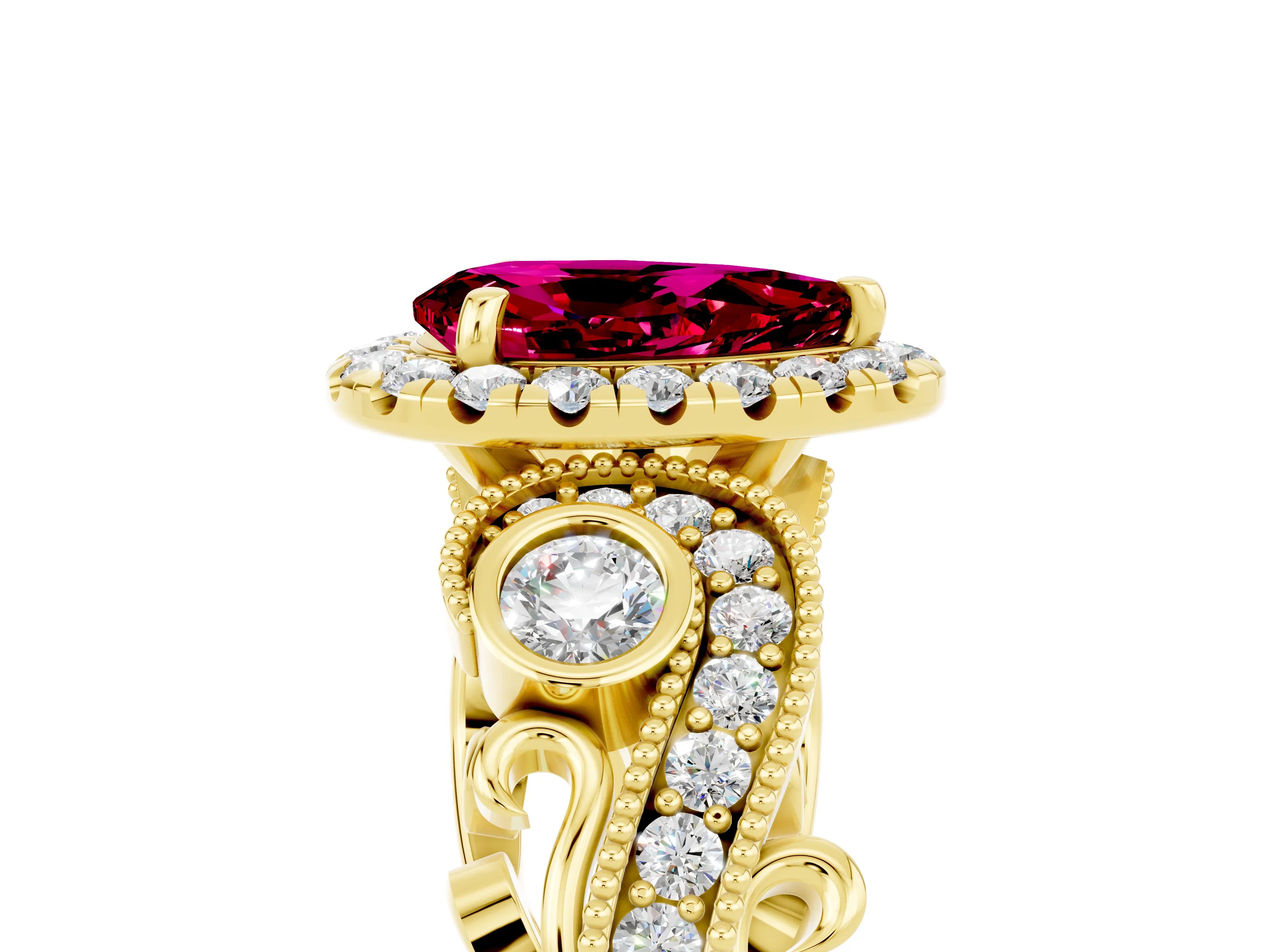 Yellow gold Pear Cut Garnet Halo Ring with Milgrain Pavé Band and Four-Prong Setting_17