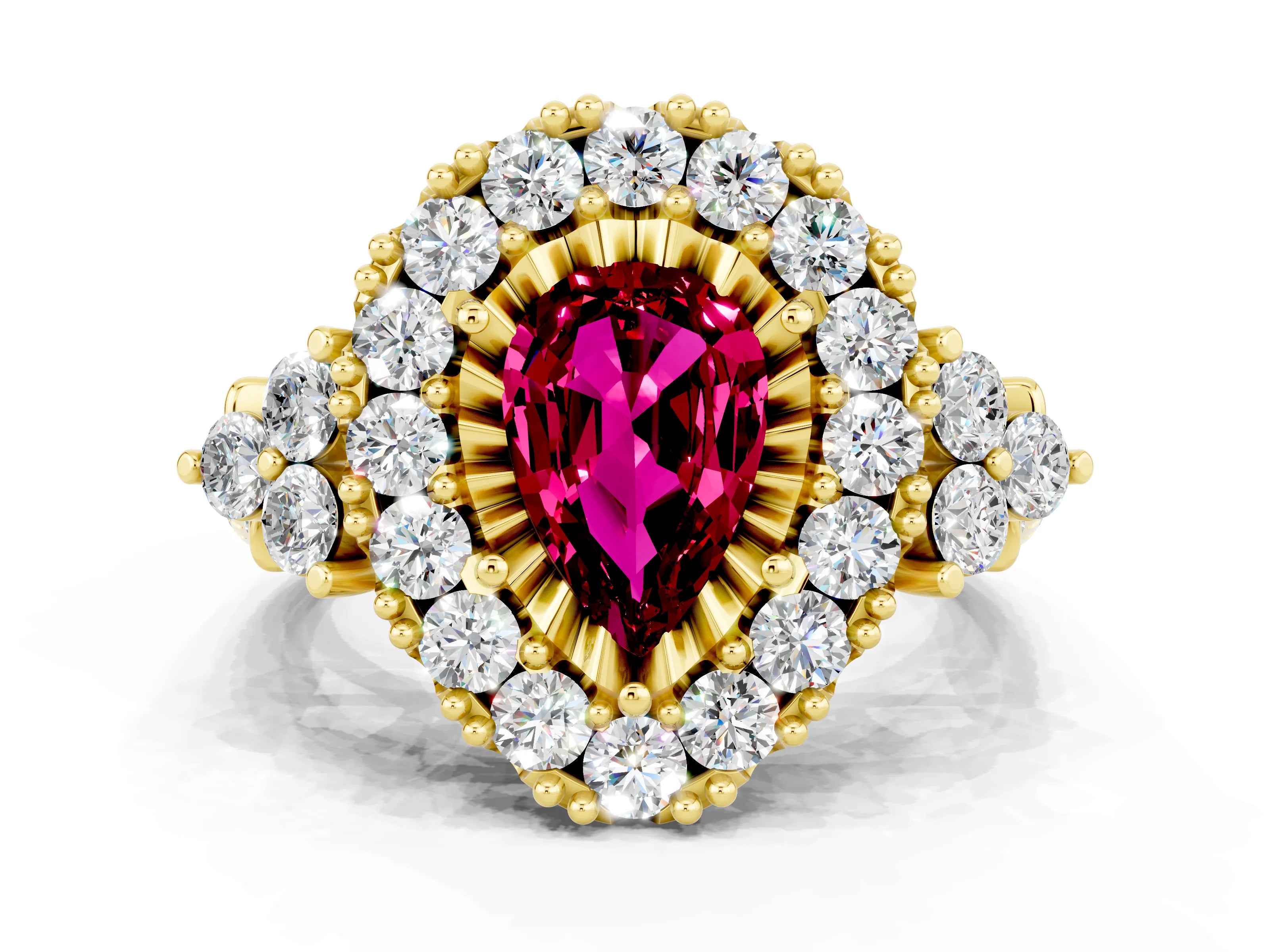 Yellow gold Pear Cut Garnet Halo Ring with Pavé Band and Four-Prong Setting_12