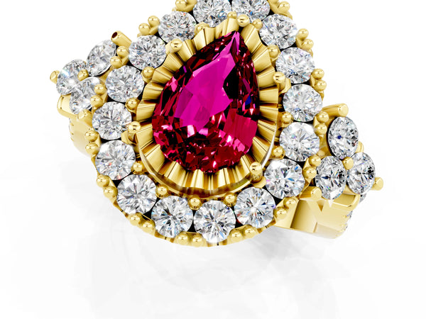 Yellow gold Pear Cut Garnet Halo Ring with Pavé Band and Four-Prong Setting