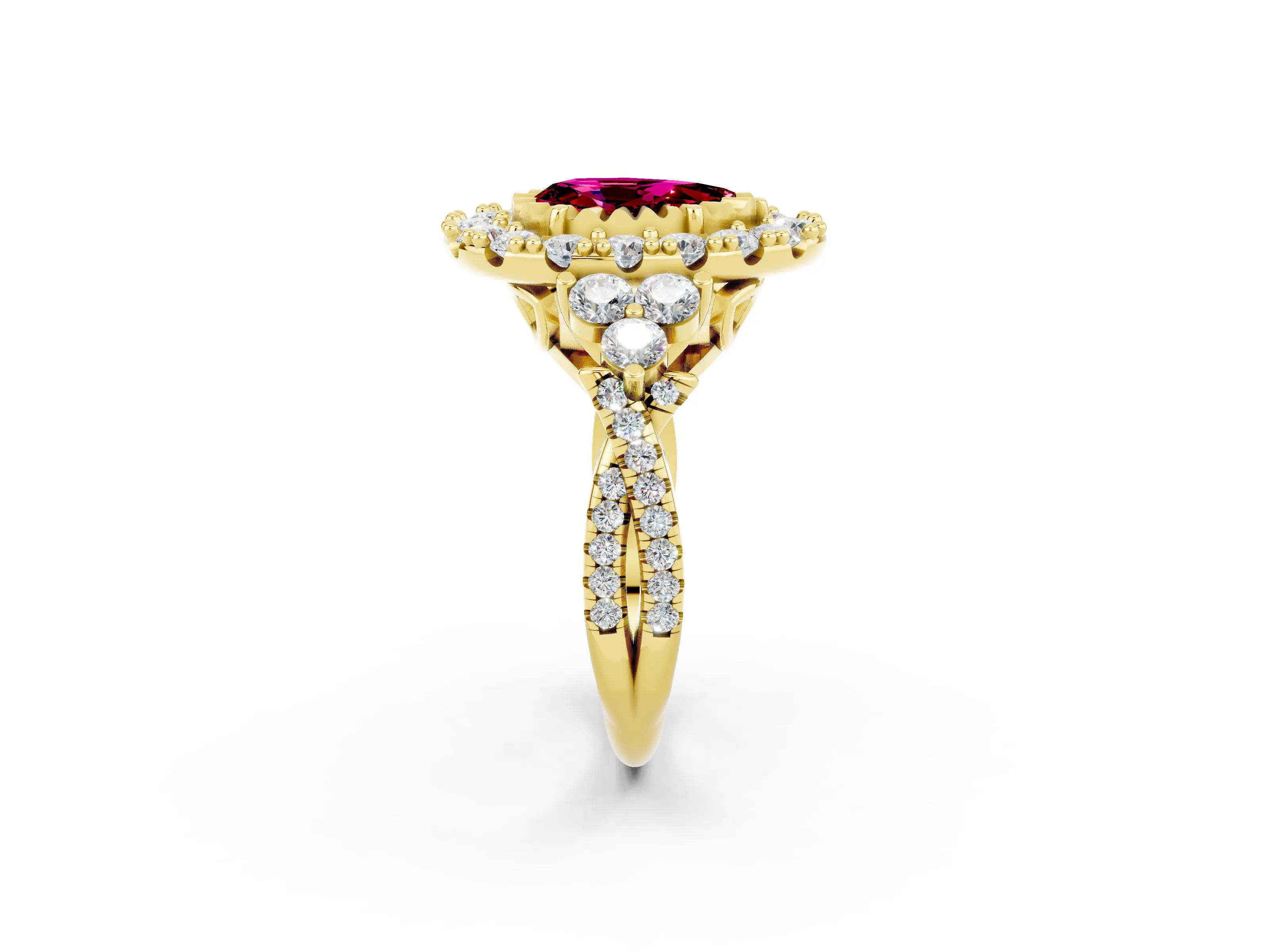 Yellow gold Pear Cut Garnet Halo Ring with Pavé Band and Four-Prong Setting_14
