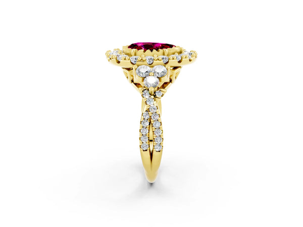 Yellow gold Pear Cut Garnet Halo Ring with Pavé Band and Four-Prong Setting