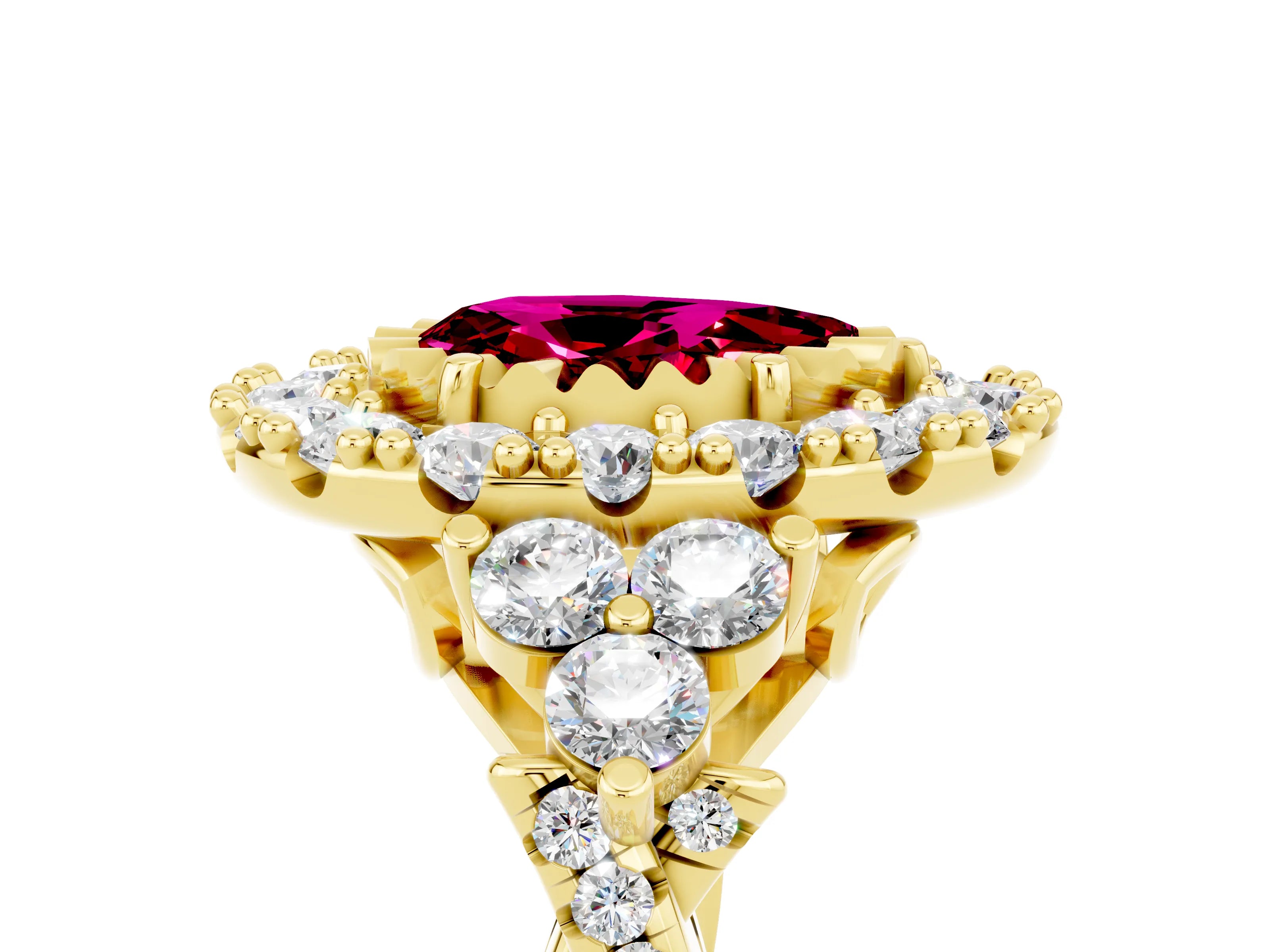 Yellow gold Pear Cut Garnet Halo Ring with Pavé Band and Four-Prong Setting_17