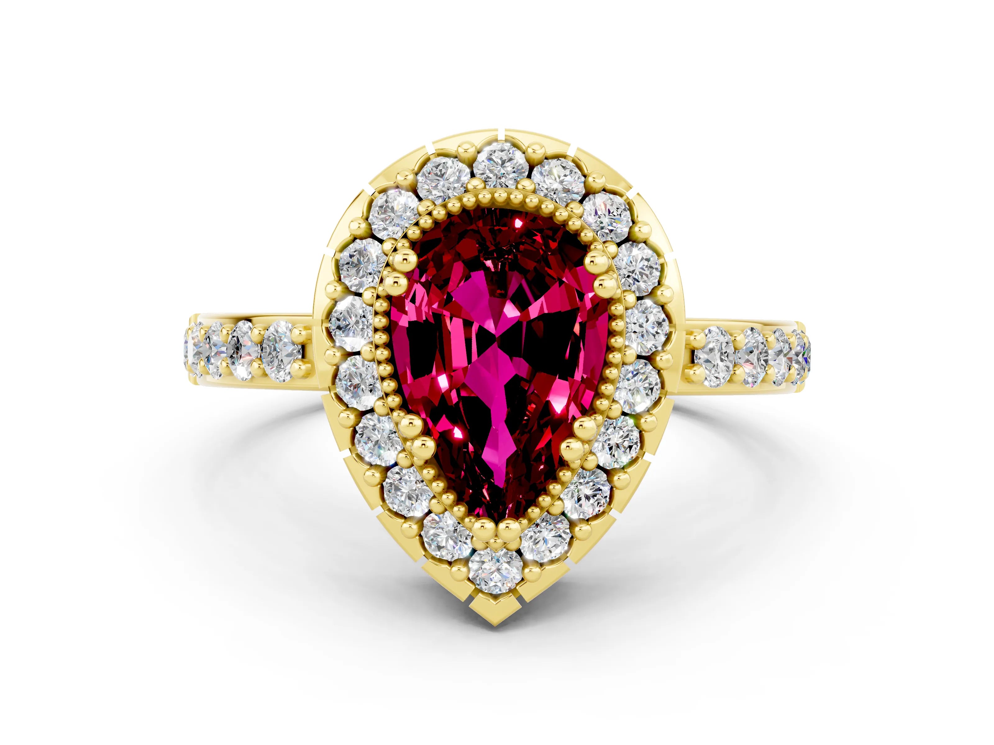 Yellow gold Pear Cut Garnet Halo Ring with Pavé Band and Prong Setting