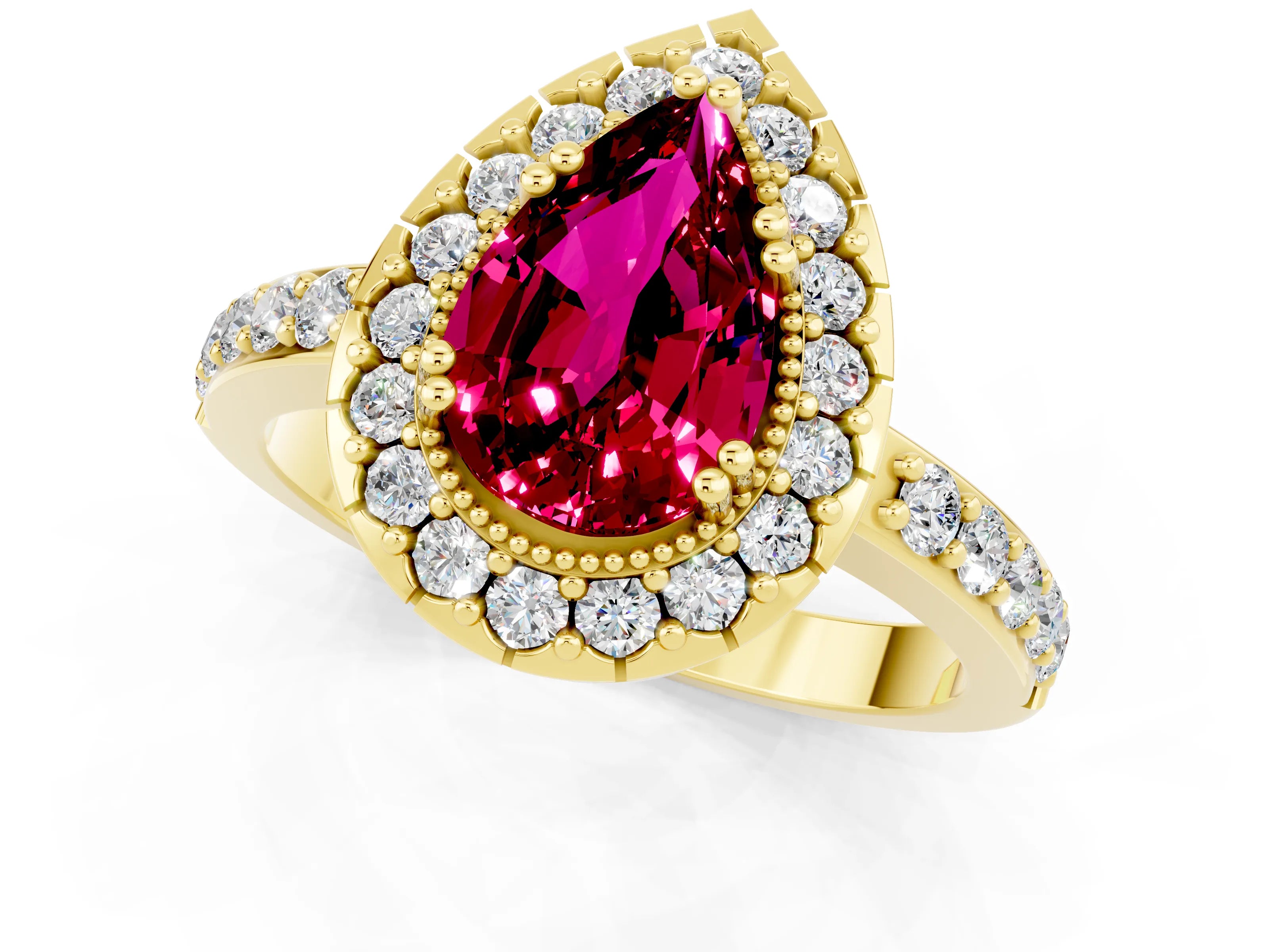 Yellow gold Pear Cut Garnet Halo Ring with Pavé Band and Prong Setting_1
