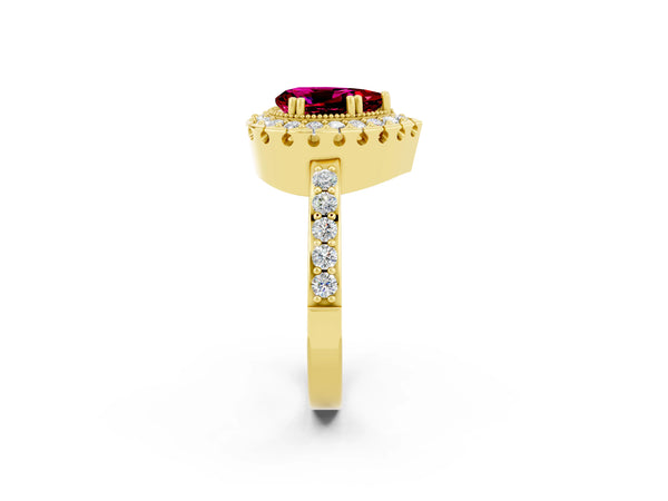 Yellow gold Pear Cut Garnet Halo Ring with Pavé Band and Prong Setting