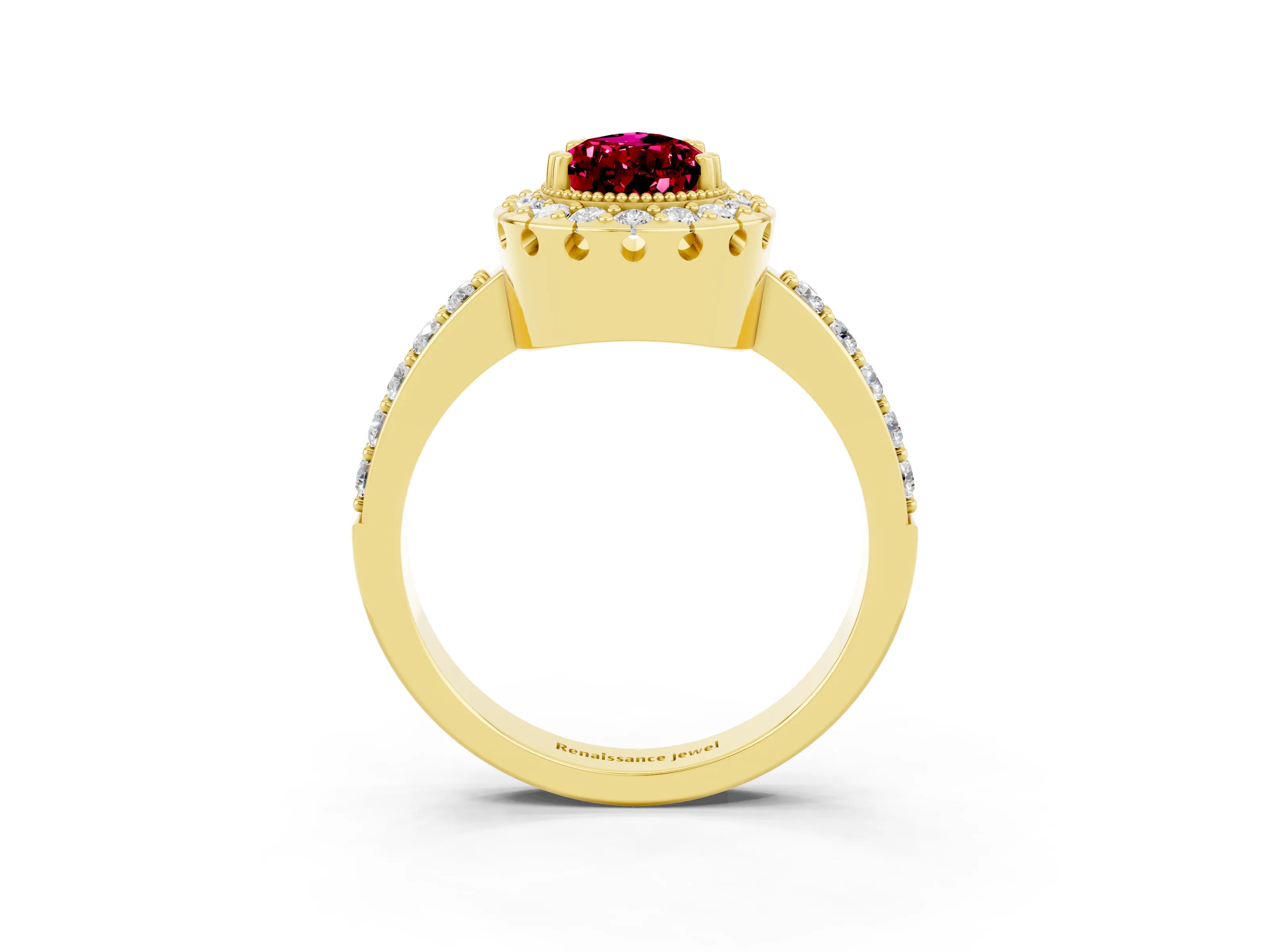 Yellow gold Pear Cut Garnet Halo Ring with Pavé Band and Prong Setting_3
