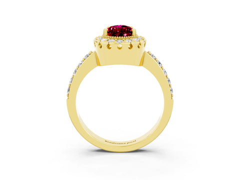 Yellow gold Pear Cut Garnet Halo Ring with Pavé Band and Prong Setting_3