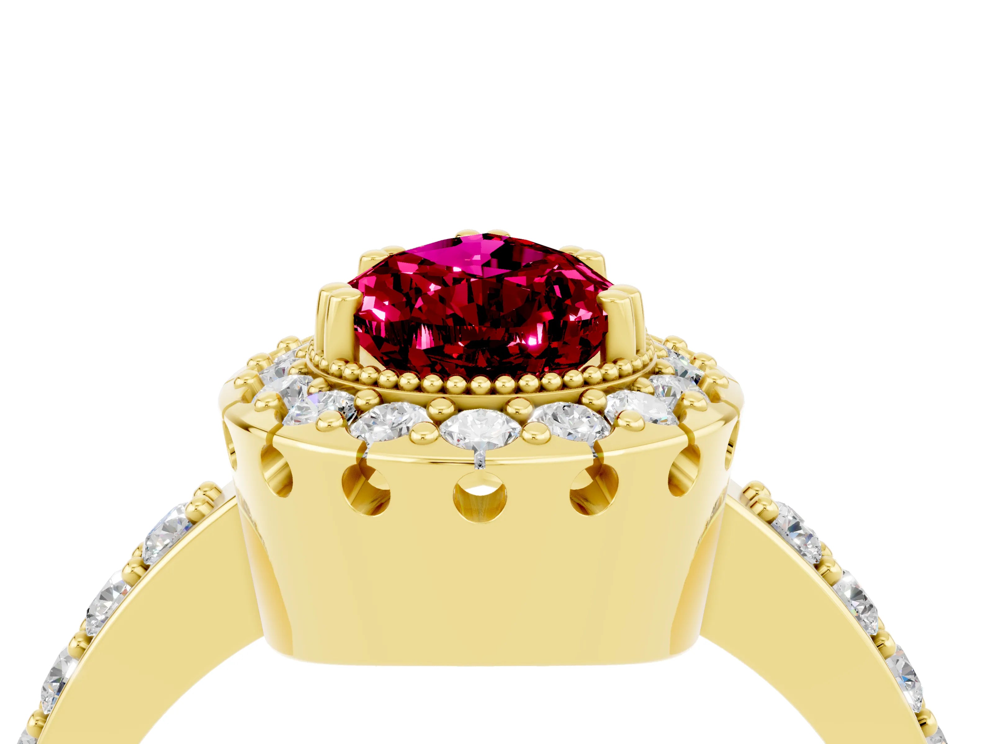 Yellow gold Pear Cut Garnet Halo Ring with Pavé Band and Prong Setting_4