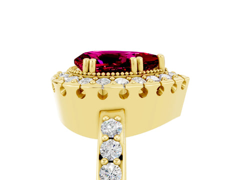 Yellow gold Pear Cut Garnet Halo Ring with Pavé Band and Prong Setting_5