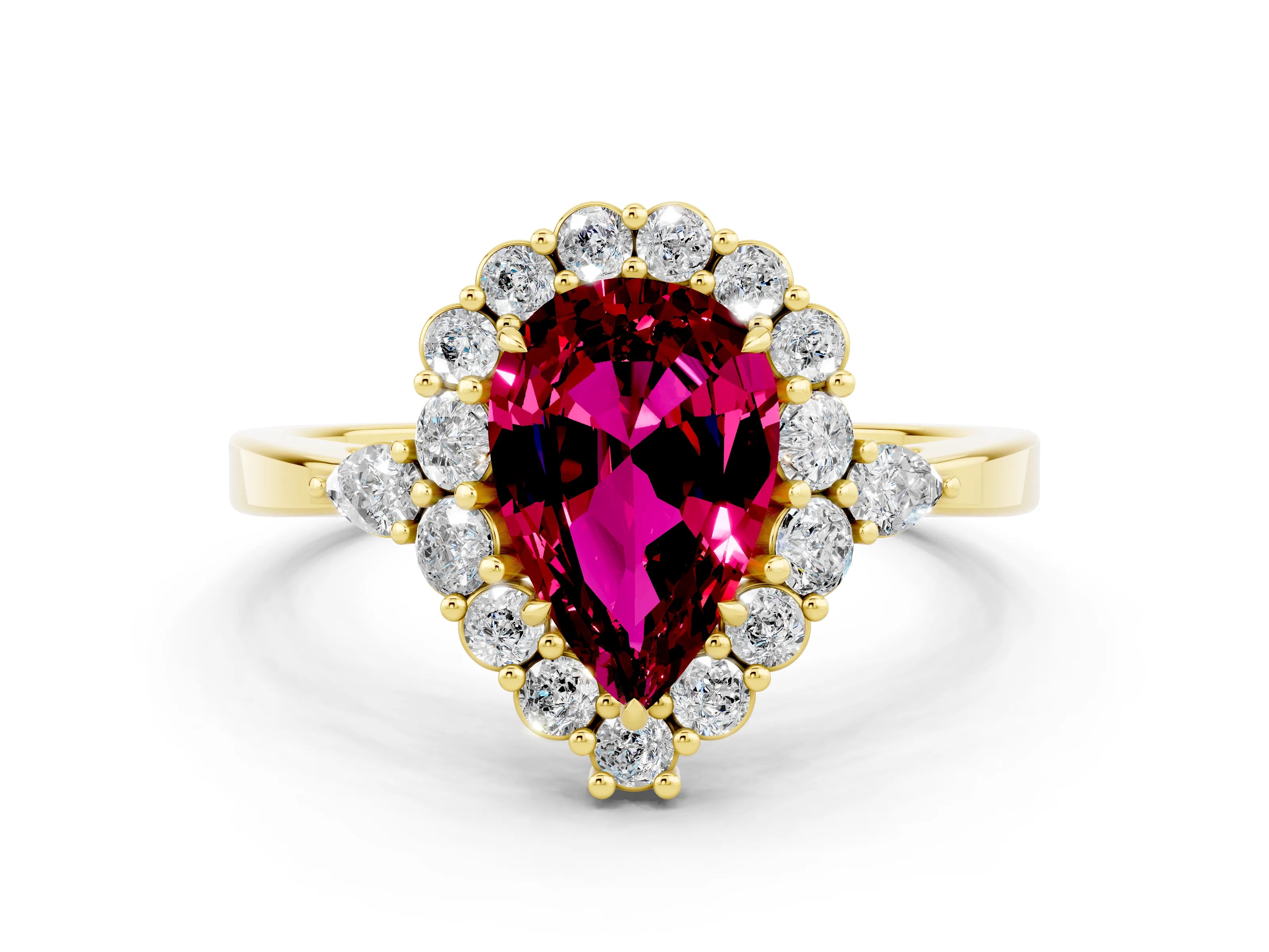 Yellow gold Pear Cut Garnet Halo Ring with Pear Side Stones and Prong Setting_12