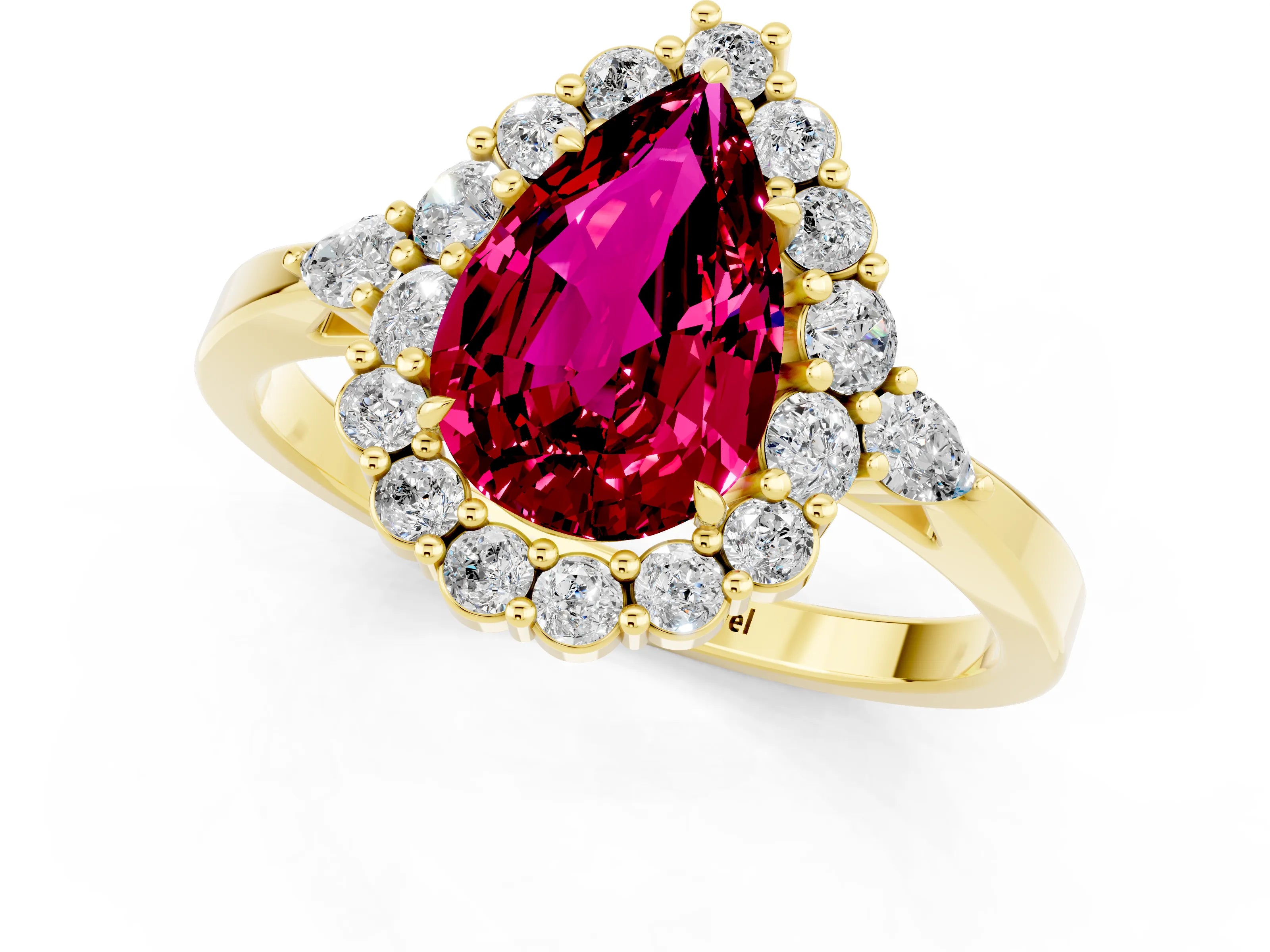 Yellow gold Pear Cut Garnet Halo Ring with Pear Side Stones and Prong Setting_13