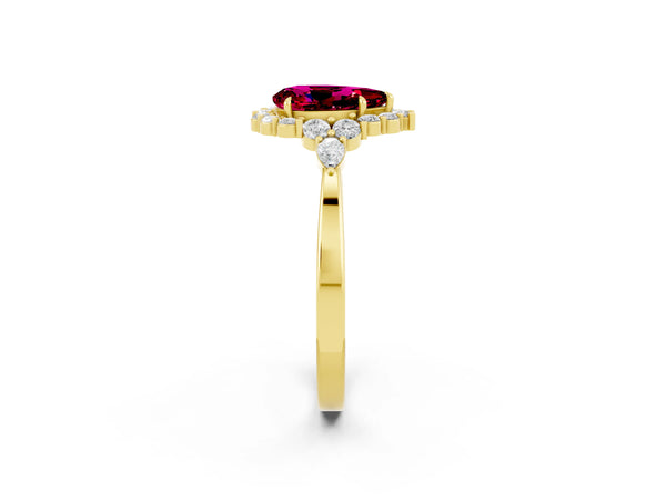 Yellow gold Pear Cut Garnet Halo Ring with Pear Side Stones and Prong Setting