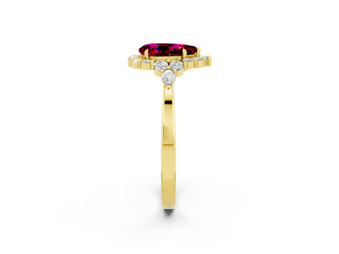 Yellow gold Pear Cut Garnet Halo Ring with Pear Side Stones and Prong Setting_14