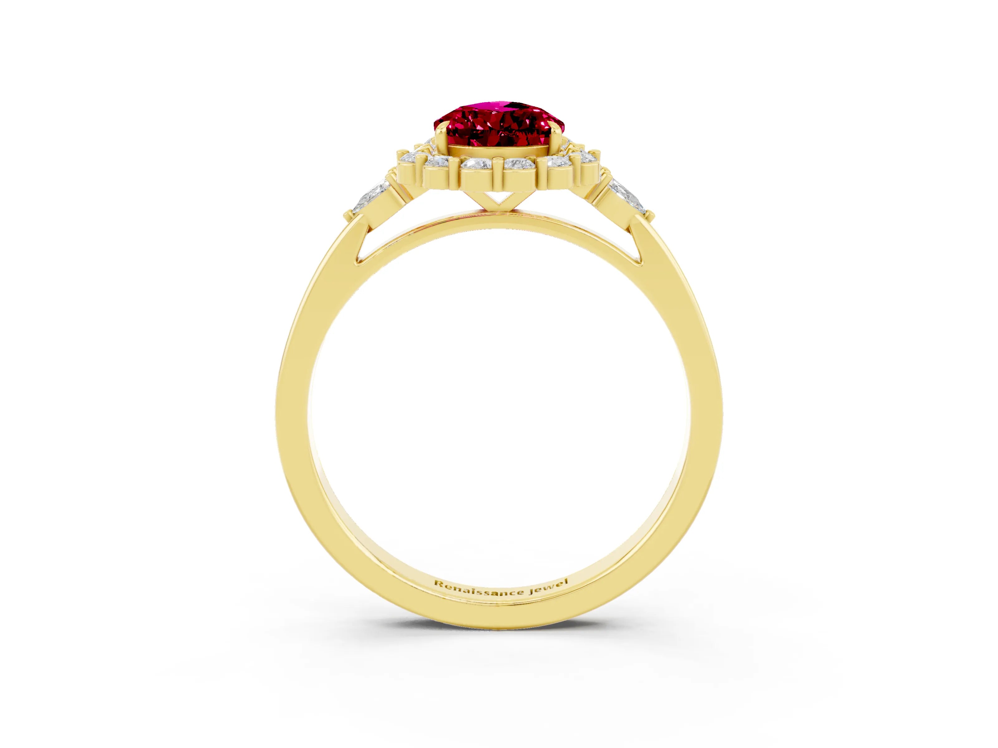 Yellow gold Pear Cut Garnet Halo Ring with Pear Side Stones and Prong Setting_15