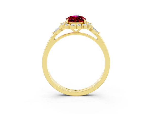 Yellow gold Pear Cut Garnet Halo Ring with Pear Side Stones and Prong Setting