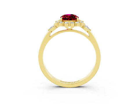 Yellow gold Pear Cut Garnet Halo Ring with Pear Side Stones and Prong Setting_15
