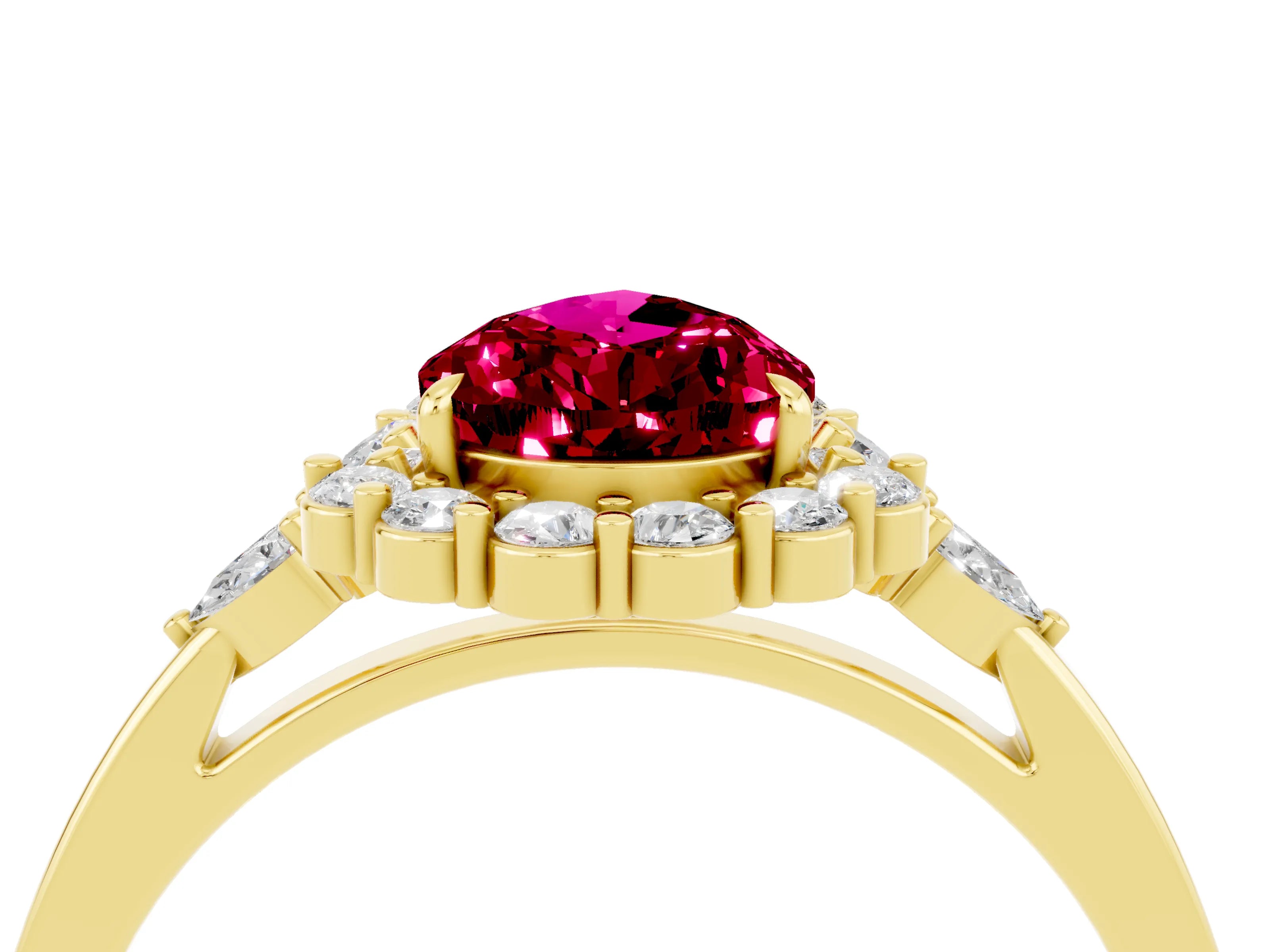 Yellow gold Pear Cut Garnet Halo Ring with Pear Side Stones and Prong Setting_16