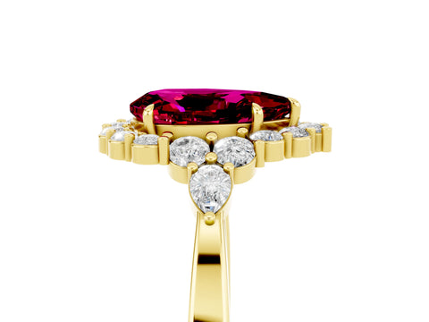 Yellow gold Pear Cut Garnet Halo Ring with Pear Side Stones and Prong Setting_17