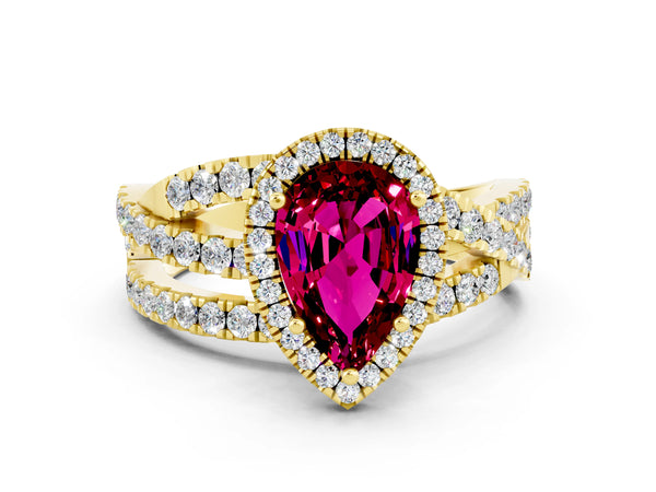 Yellow gold Pear Cut Garnet Halo Ring with Round Split Shank and Prong Setting