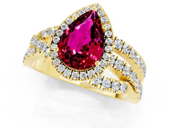 Yellow gold Pear Cut Garnet Halo Ring with Round Split Shank and Prong Setting