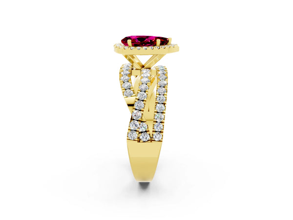 Yellow gold Pear Cut Garnet Halo Ring with Round Split Shank and Prong Setting