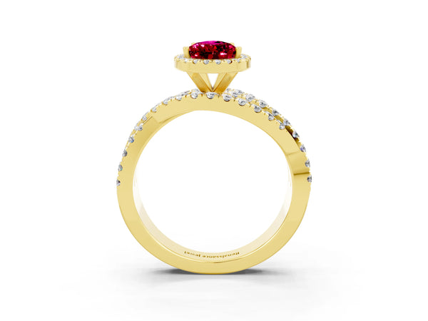 Yellow gold Pear Cut Garnet Halo Ring with Round Split Shank and Prong Setting