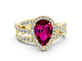 Yellow gold Pear Cut Garnet Halo Ring with Round Split Shank and Prong Setting_48