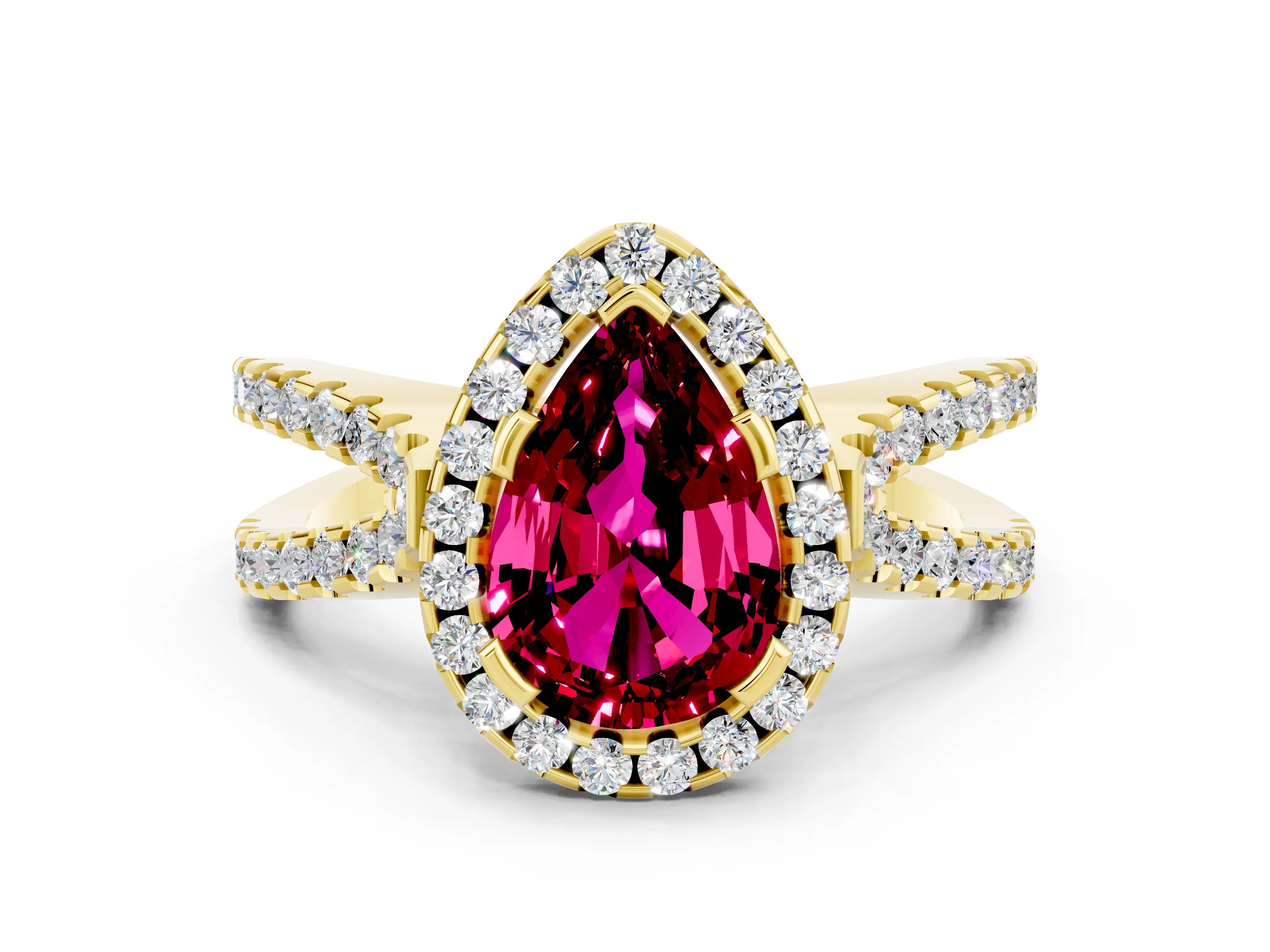 Yellow gold Pear Cut Garnet Halo Ring with Split Shank Pavé Band and Prong Setting