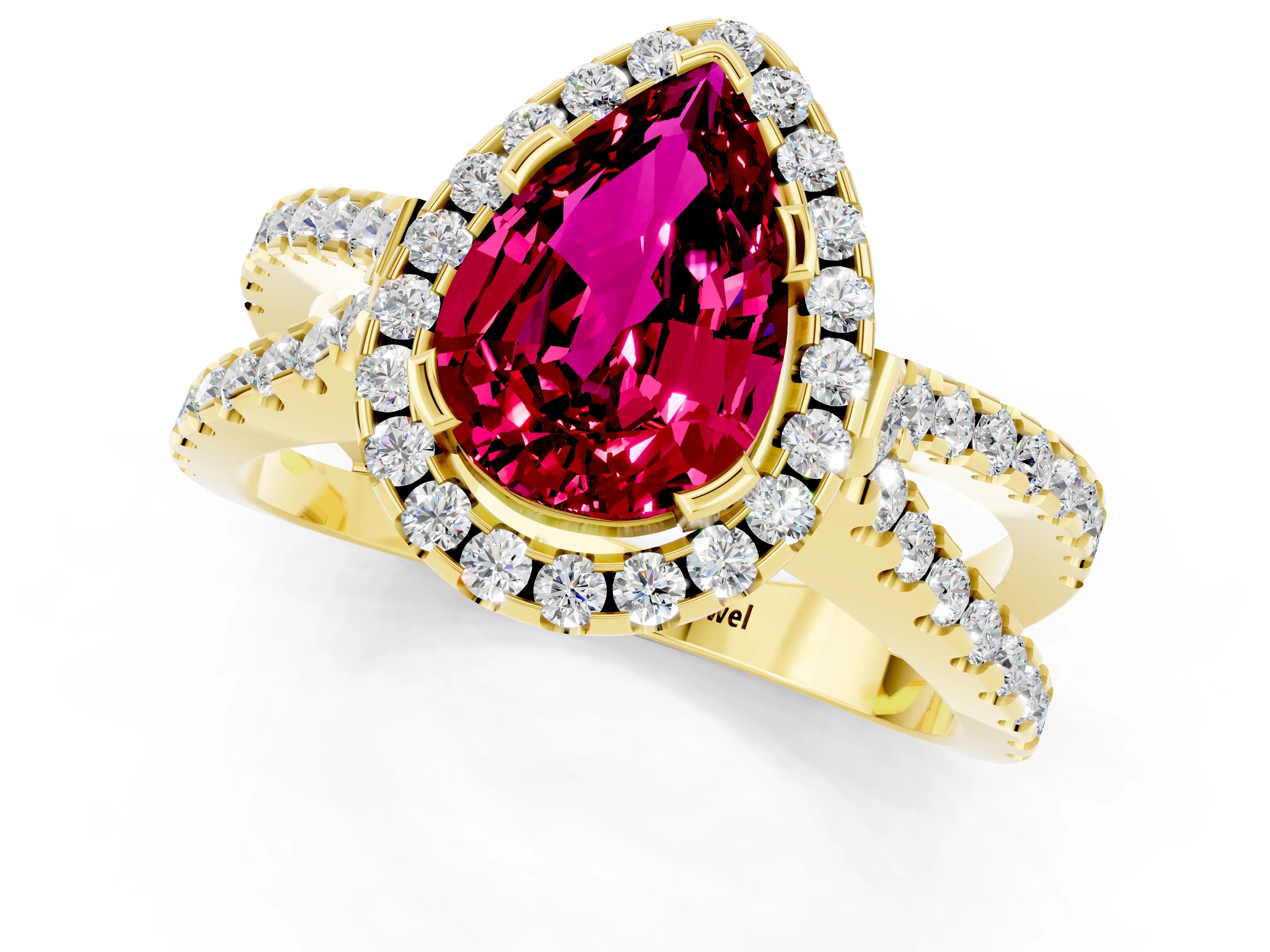 Yellow gold Pear Cut Garnet Halo Ring with Split Shank Pavé Band and Prong Setting_1